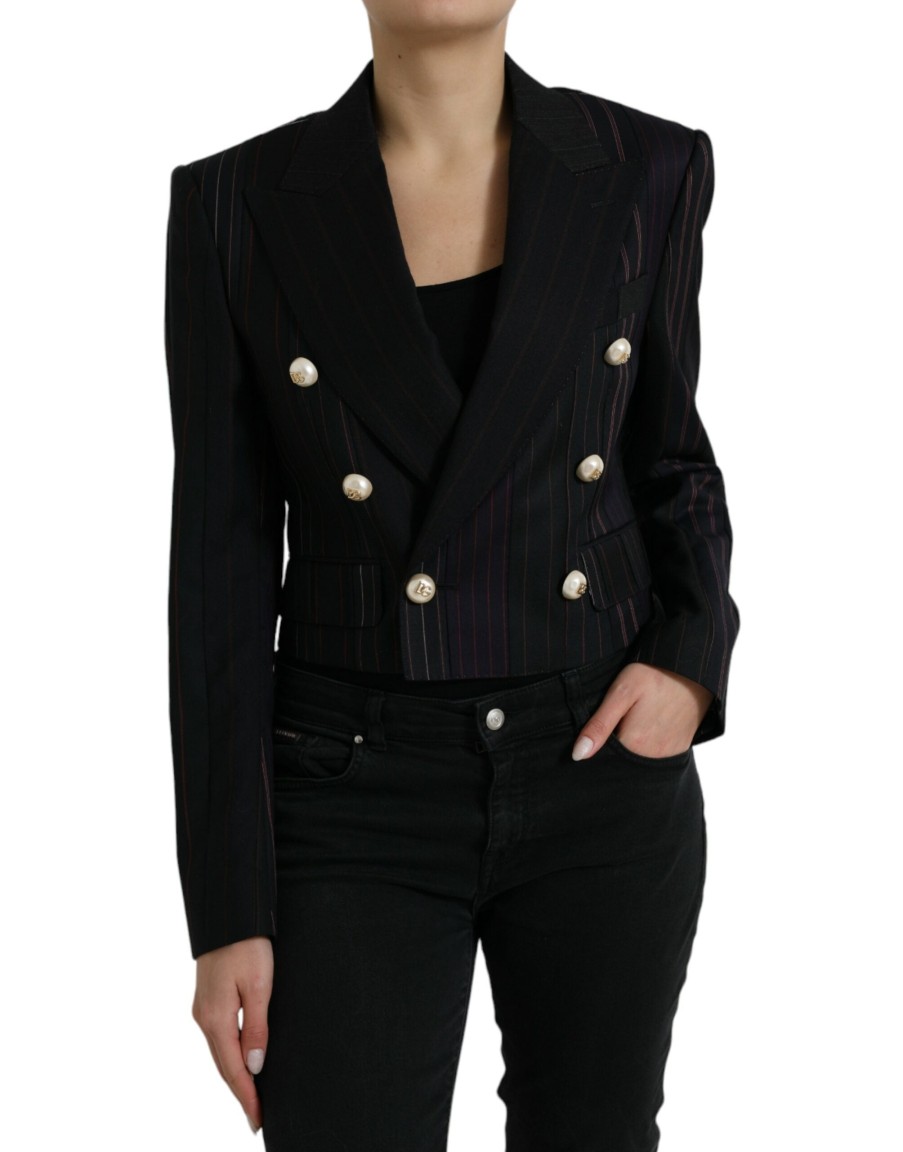 Women Dolce & Gabbana Women'S Jackets & Coats | Dolce & Gabbana Black Striped Sicilia Double Breasted Jacket