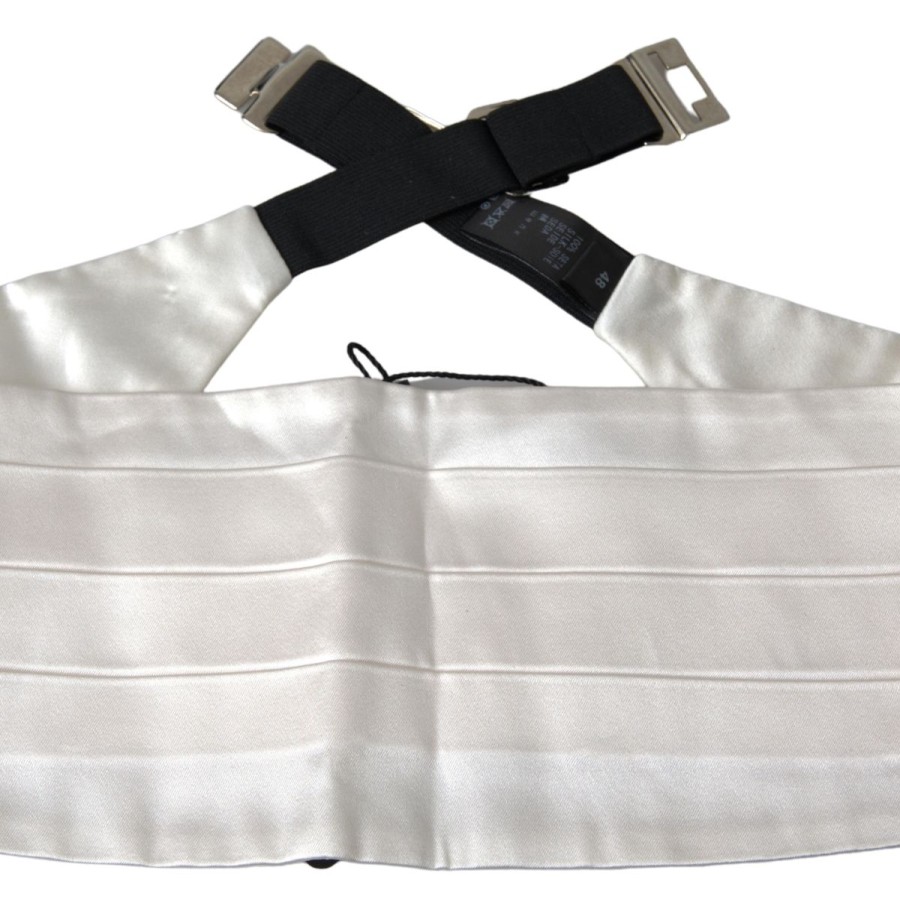 Men Dolce & Gabbana Men'S Cummerband | Dolce & Gabbana White Men Wide Waist Silk Belt Cummerbund