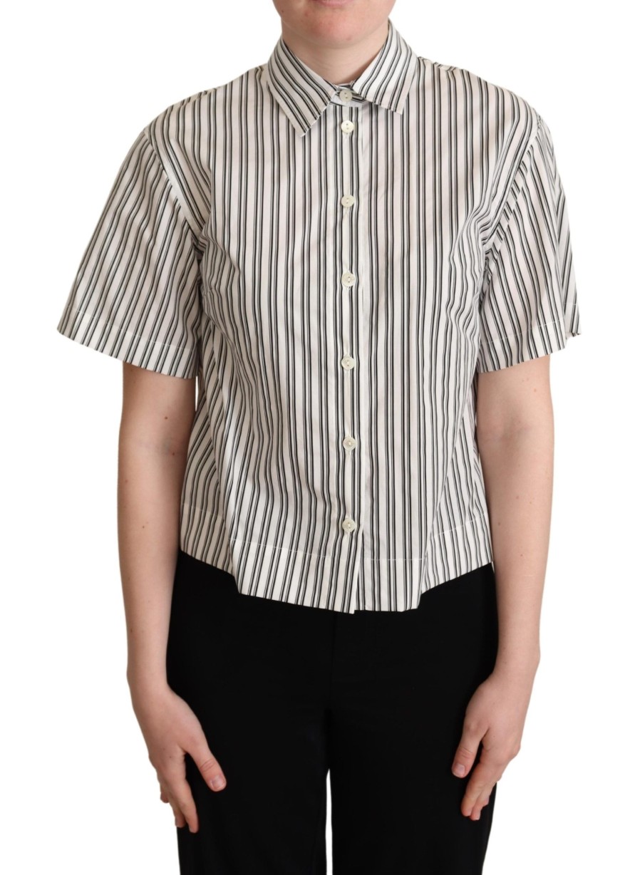 Women Dolce & Gabbana Women'S Shirts | Dolce & Gabbana White Black Striped Shirt Blouse Top