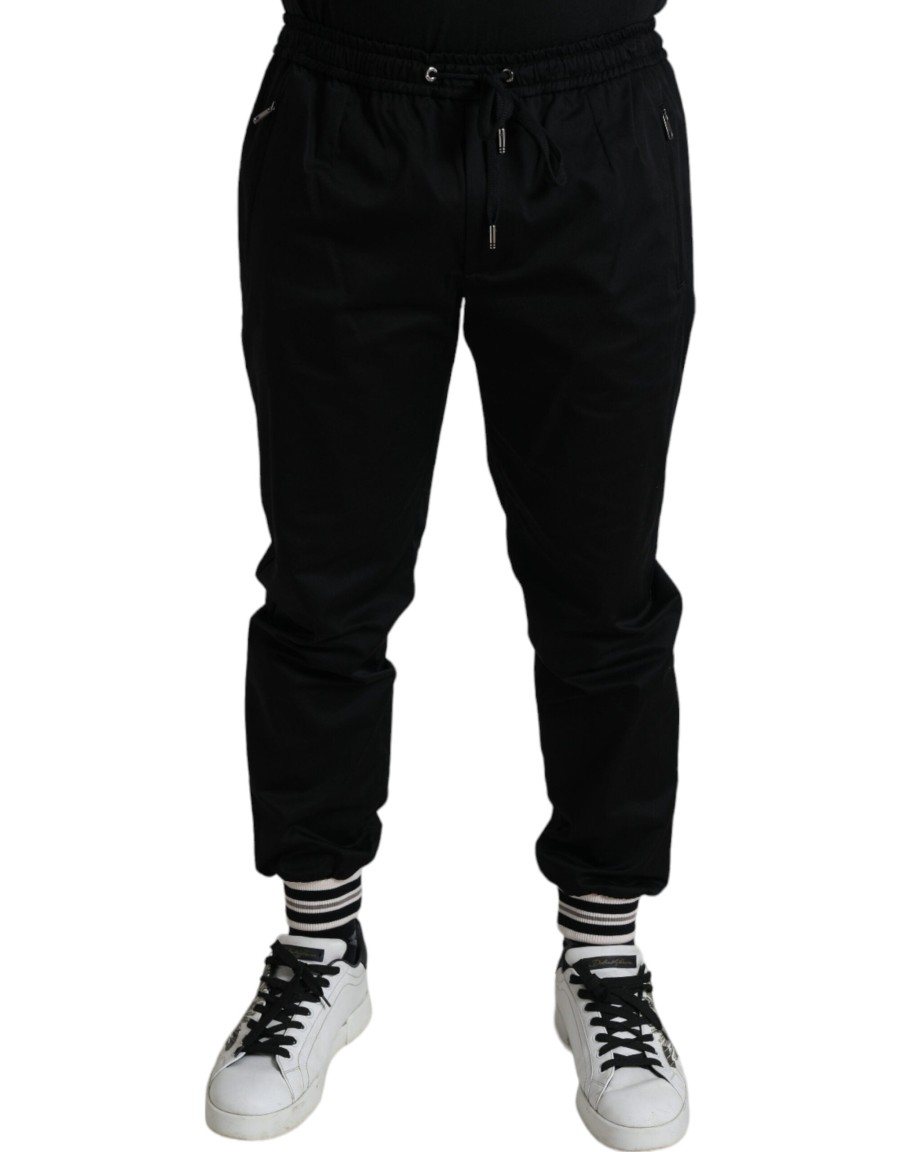 Men Dolce & Gabbana Men'S Jeans & Pants | Dolce & Gabbana Black Cotton Blend Skinny Jogger Pants