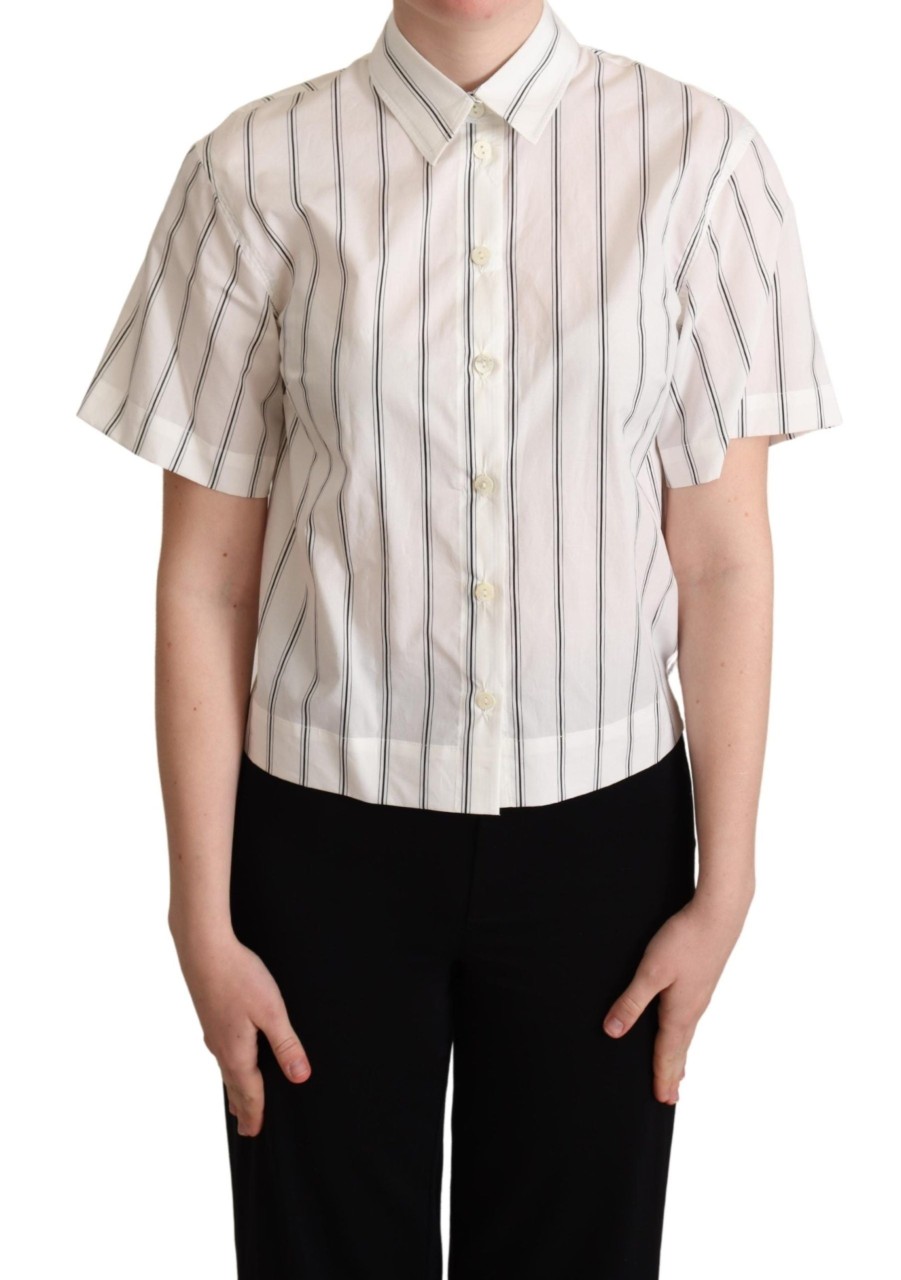 Women Dolce & Gabbana Women'S Shirts | Dolce & Gabbana White Black Stripes Collared Shirt Top