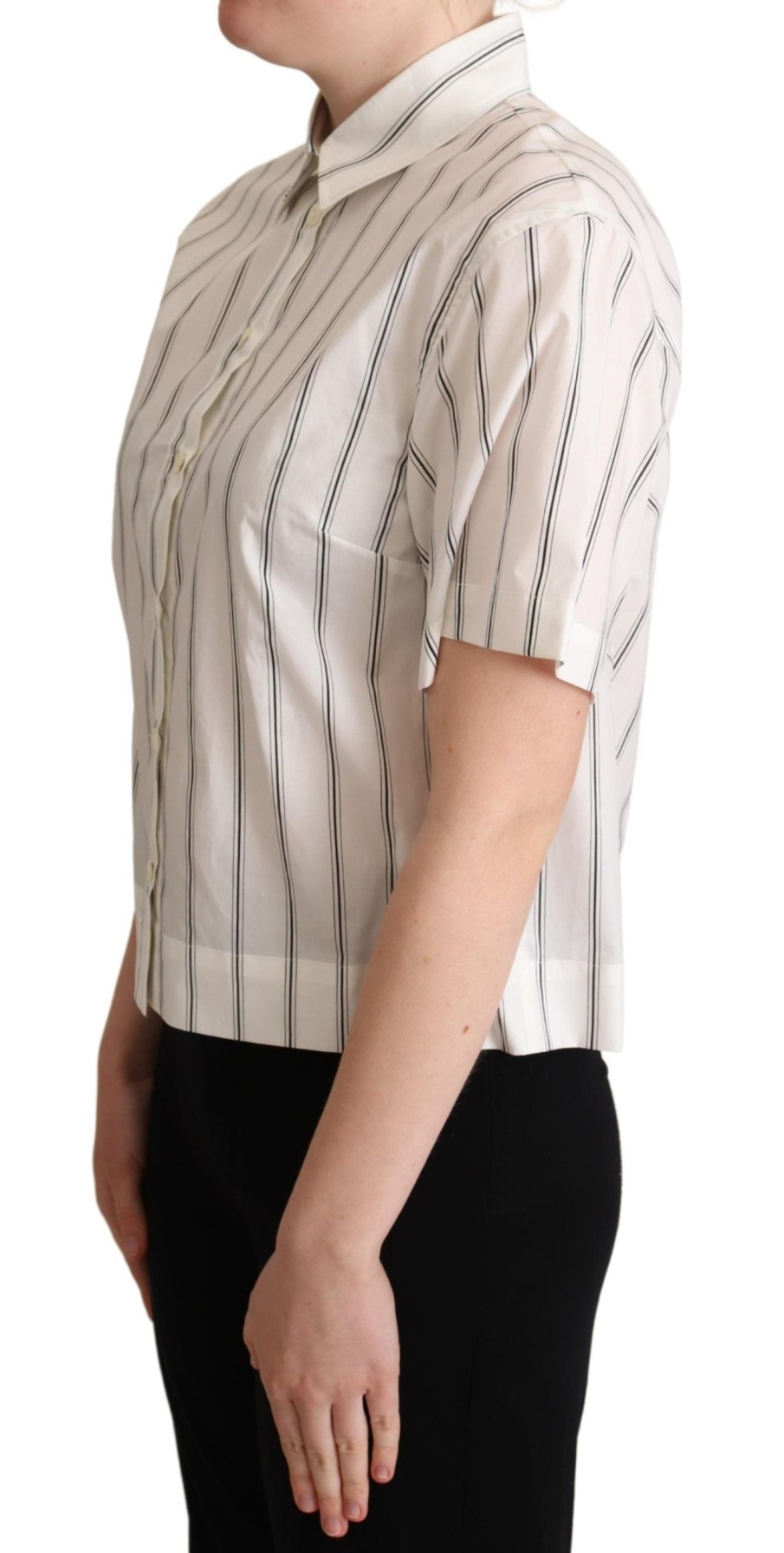 Women Dolce & Gabbana Women'S Shirts | Dolce & Gabbana White Black Stripes Collared Shirt Top