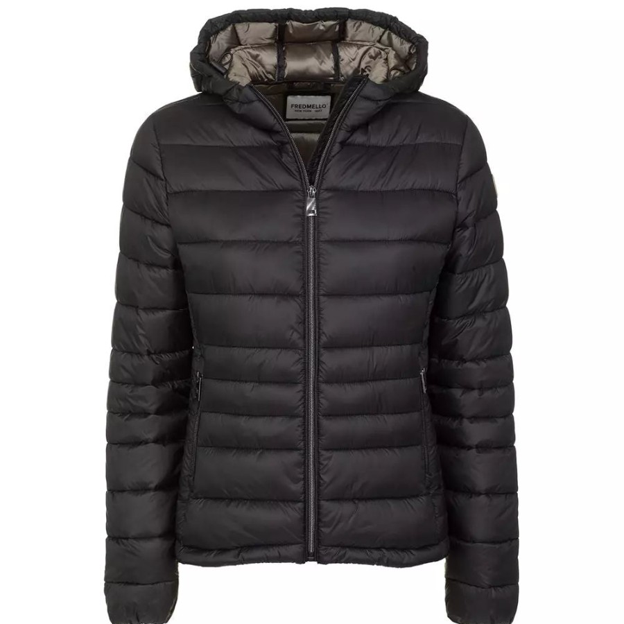 Women Fred Mello Women'S Jackets & Coats | Fred Mello Chic Hooded Short Down Jacket In Sleek Black