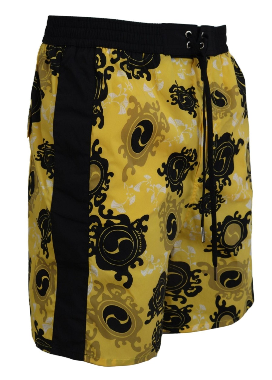 Men Dsquared² Men'S Swimwear | Dsquared Yellow Black Printed Men Beachwear Shorts Swimwear