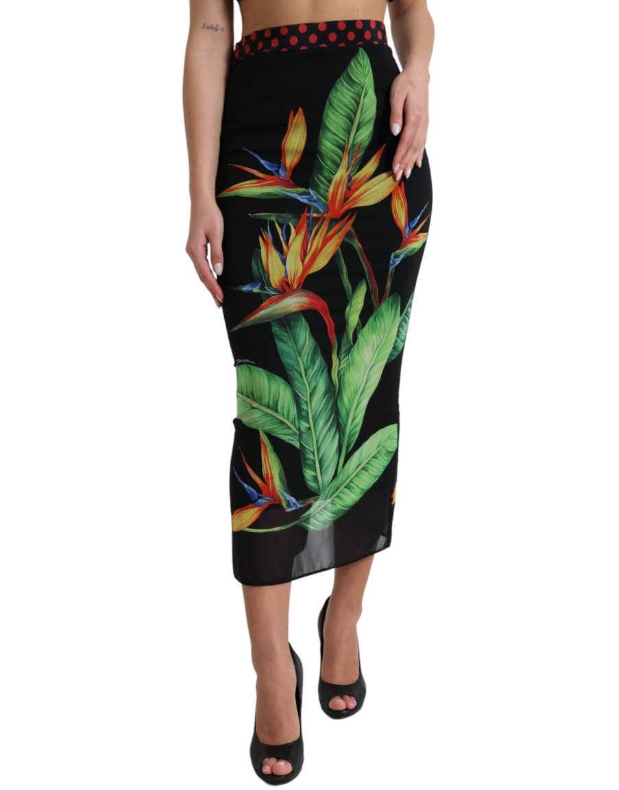 Women Dolce & Gabbana Women'S Skirts | Dolce & Gabbana Black Strelitzia High Waist Pencil Cut Skirt