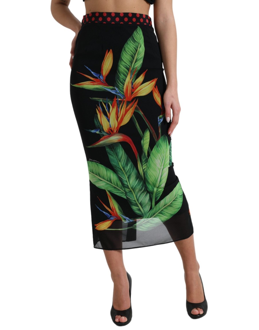 Women Dolce & Gabbana Women'S Skirts | Dolce & Gabbana Black Strelitzia High Waist Pencil Cut Skirt