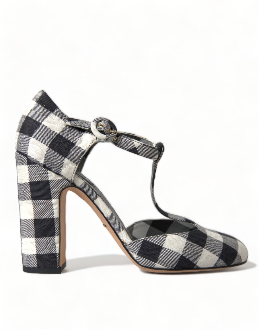 Women Dolce & Gabbana Women'S Sandals | Dolce & Gabbana Black White Gingham Brocade Mary Janes Shoes