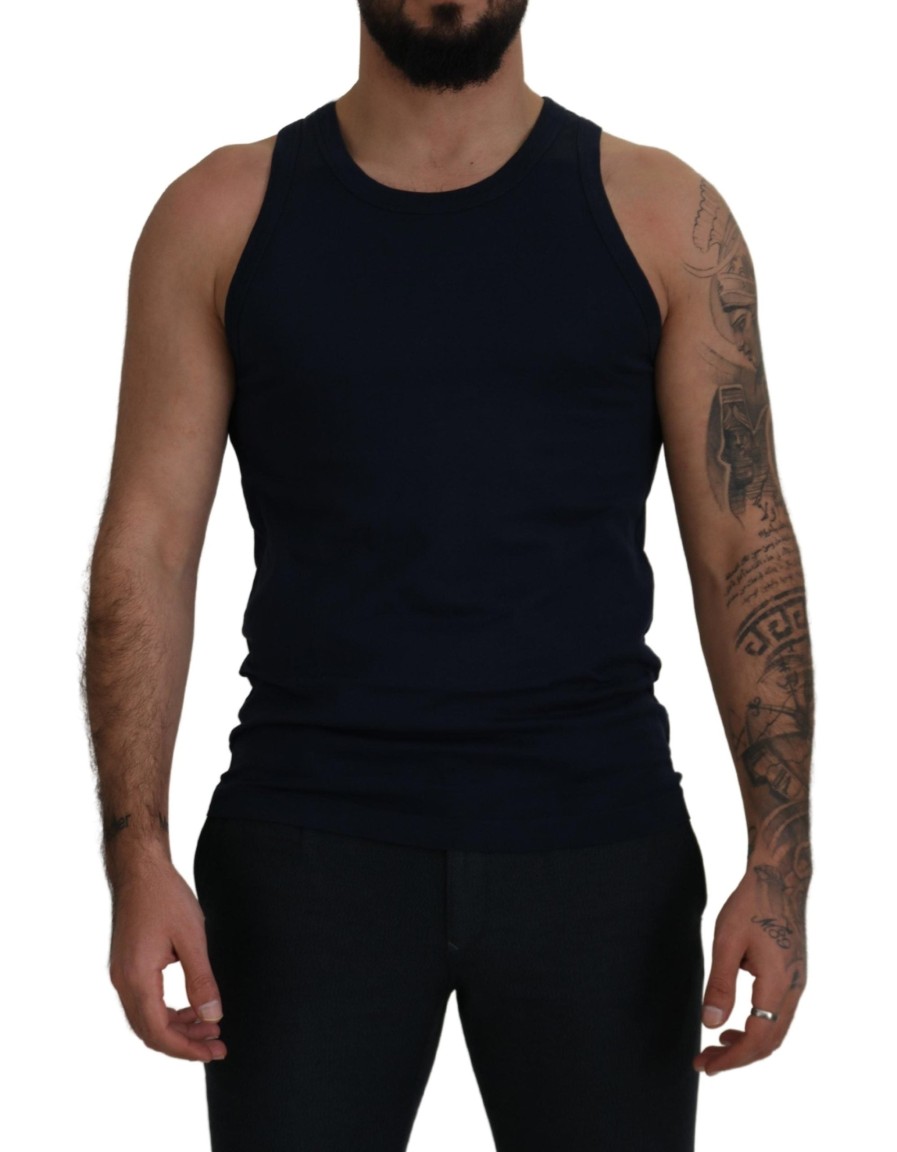 Men Dolce & Gabbana Men'S Underwear | Dolce & Gabbana Blue Cotton Sleeveless Logo Men T-Shirt