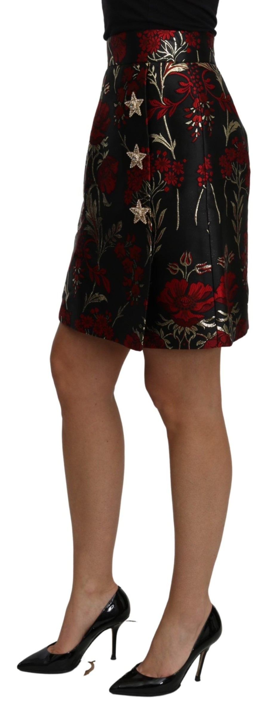 Women Dolce & Gabbana Women'S Skirts | Dolce & Gabbana Black Floral Jacquard High Waist A-Line Mini Skirt