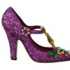 Women Dolce & Gabbana Women'S Pumps | Dolce & Gabbana Purple Sequin Leather Crystal Sandal Shoes