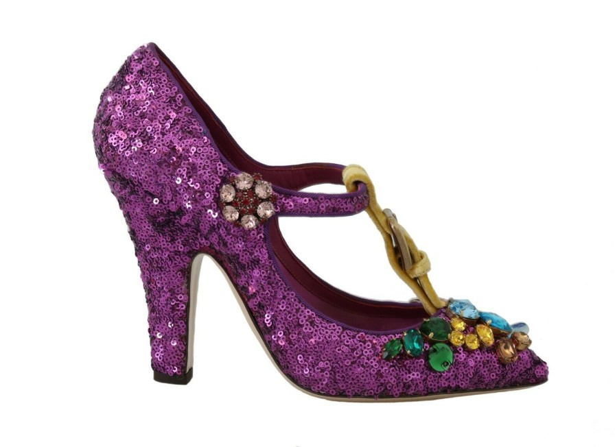 Women Dolce & Gabbana Women'S Pumps | Dolce & Gabbana Purple Sequin Leather Crystal Sandal Shoes