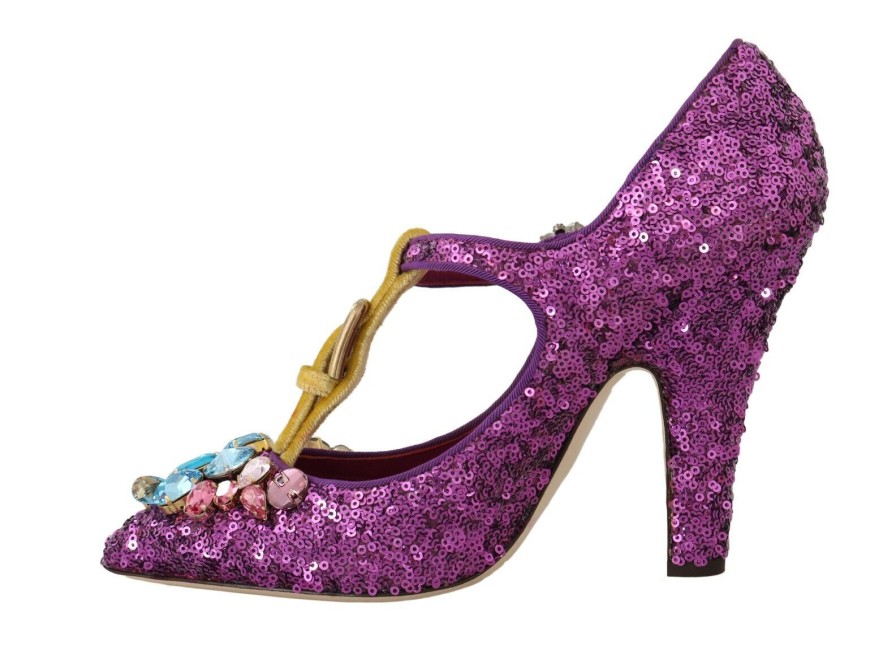 Women Dolce & Gabbana Women'S Pumps | Dolce & Gabbana Purple Sequin Leather Crystal Sandal Shoes