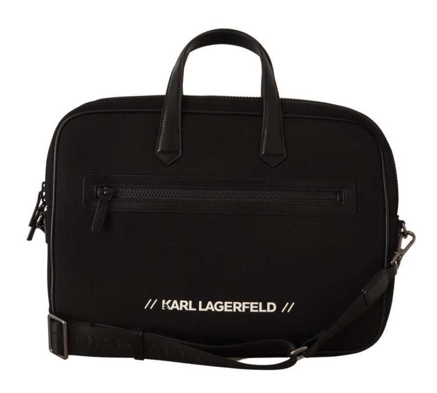 Men Karl Lagerfeld Men'S Luggage And Travel | Karl Lagerfeld Black Nylon Laptop Crossbody Bag