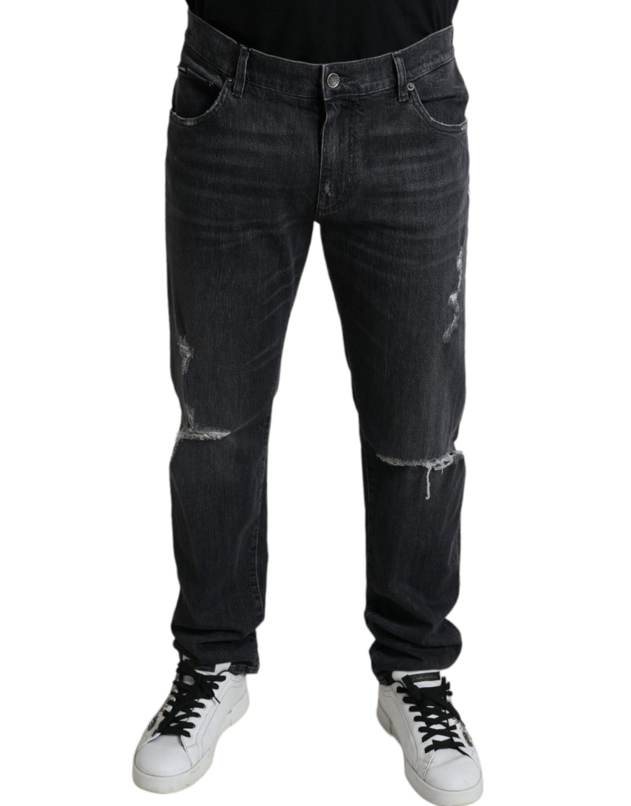 Men Dolce & Gabbana Men'S Jeans & Pants | Dolce & Gabbana Grey Tattered Cotton Slim Skinny Denim Jeans