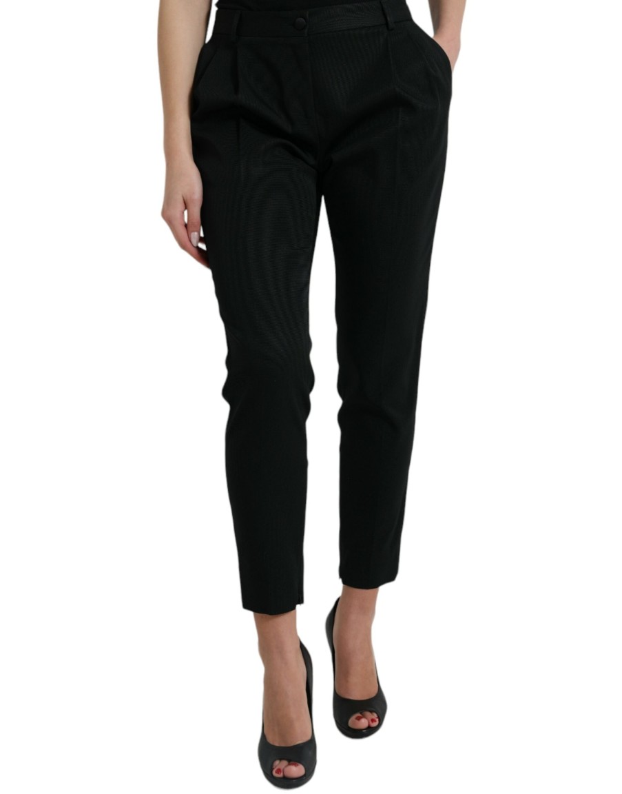 Women Dolce & Gabbana Women'S Pants & Jeans | Dolce & Gabbana Black Wool High Waist Cropped Tapered Pants