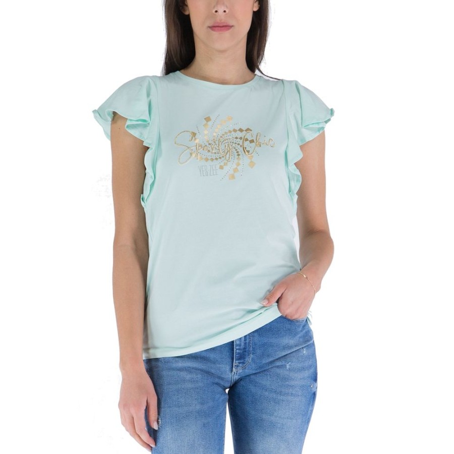 Women Yes Zee Women'S Tops & T-Shirts | Yes Zee Sporty Chic Embroidered T-Shirt With Golden Accents