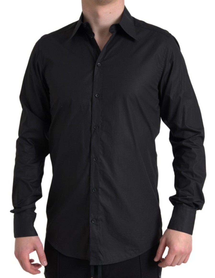 Men Dolce & Gabbana Men'S Shirts | Dolce & Gabbana Black Collared Long Sleeve Martini Shirt