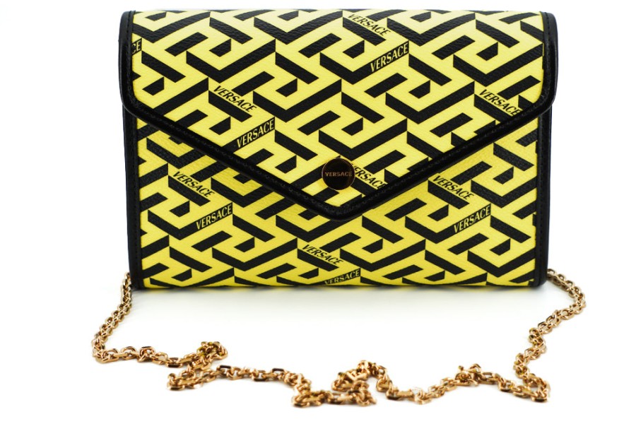 Women Versace Women'S Clutch Bags | Versace Yellow Canvas And Leather Pouch Shoulder Bag