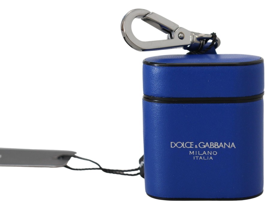 Women Dolce & Gabbana Women'S Others Accessories | Dolce & Gabbana Blue Leather Silver Metal Logo Airpods Case