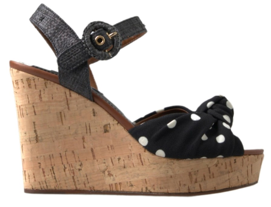 Women Dolce & Gabbana Women'S Platforms & Wedges | Dolce & Gabbana Black Wedges Polka Dotted Ankle Strap Shoes Sandals