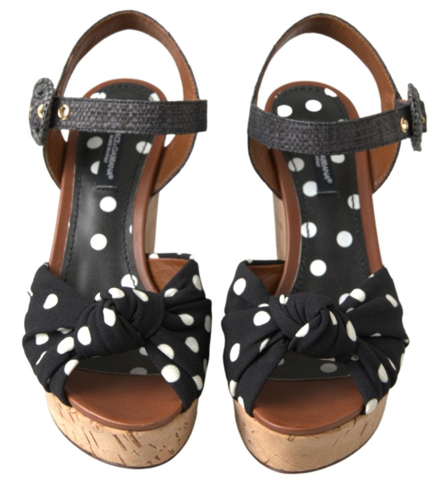 Women Dolce & Gabbana Women'S Platforms & Wedges | Dolce & Gabbana Black Wedges Polka Dotted Ankle Strap Shoes Sandals