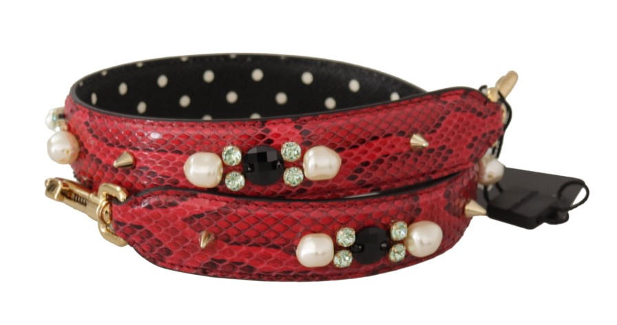 Women Dolce & Gabbana Women'S Leather Accessories | Dolce & Gabbana Red Python Leather Crystals Reversible Shoulder Strap