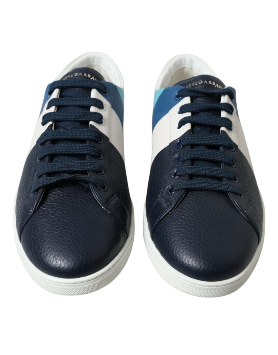 Men Dolce & Gabbana Men'S Sneakers | Dolce & Gabbana White Blue Leather Low Top Sneakers Shoes