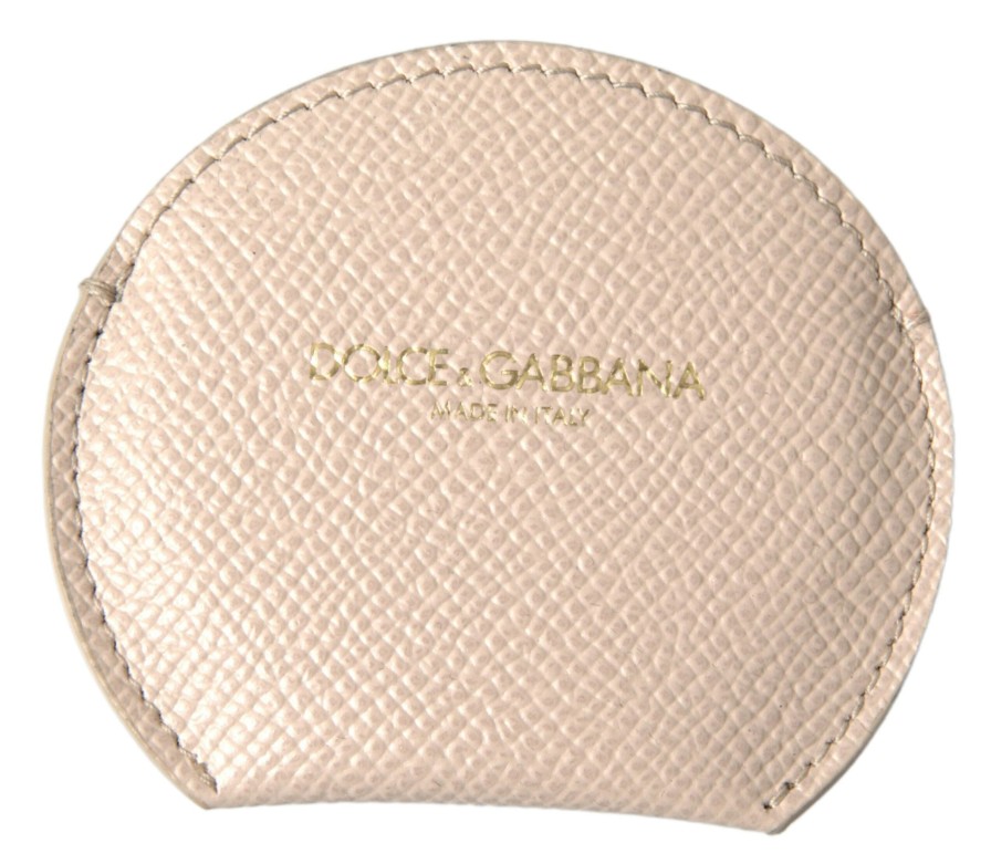 Women Dolce & Gabbana Women'S Others Accessories | Dolce & Gabbana Beige Calfskin Leather Round Logo Hand Mirror Holder