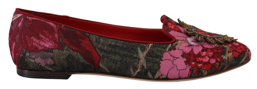 Women Dolce & Gabbana Women'S Flat Shoes | Dolce & Gabbana Multicolor Jacquard Sacred Heart Patch Slip On Shoes