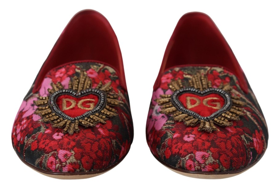 Women Dolce & Gabbana Women'S Flat Shoes | Dolce & Gabbana Multicolor Jacquard Sacred Heart Patch Slip On Shoes