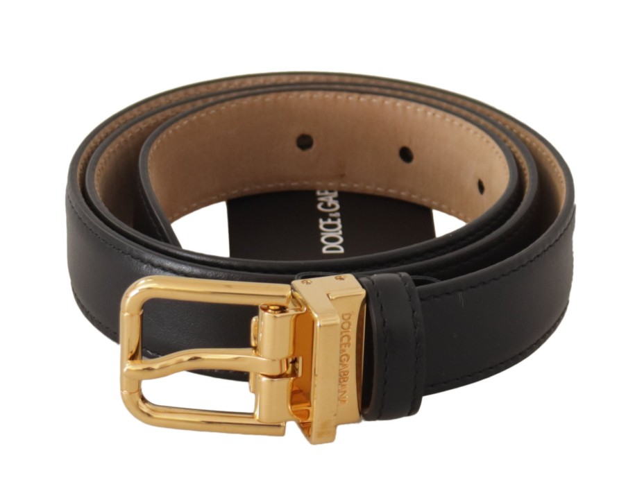 Women Dolce & Gabbana Women'S Belts | Dolce & Gabbana Black Calf Leather Gold Metal Logo Waist Buckle Belt