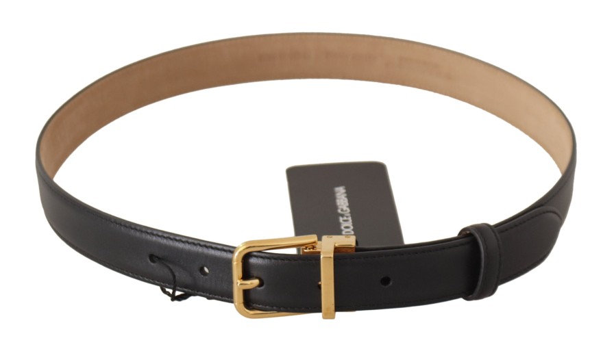 Women Dolce & Gabbana Women'S Belts | Dolce & Gabbana Black Calf Leather Gold Metal Logo Waist Buckle Belt