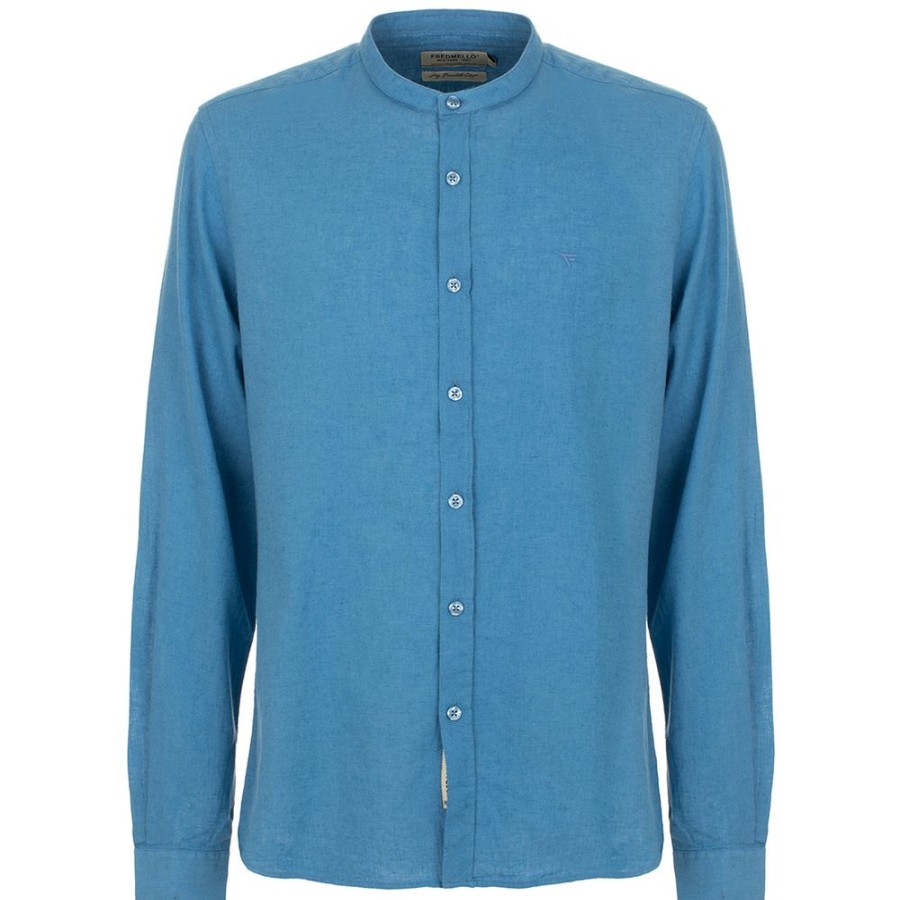 Men Fred Mello Men'S Shirts | Fred Mello Elegant Light Blue Linen-Cotton Blend Shirt