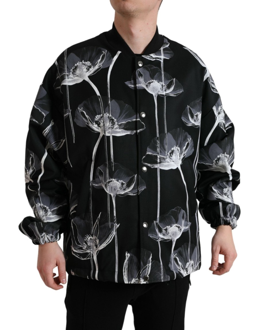 Men Dolce & Gabbana Men'S Jackets | Dolce & Gabbana Black Floral Print Wool Button Down Bomber Jacket