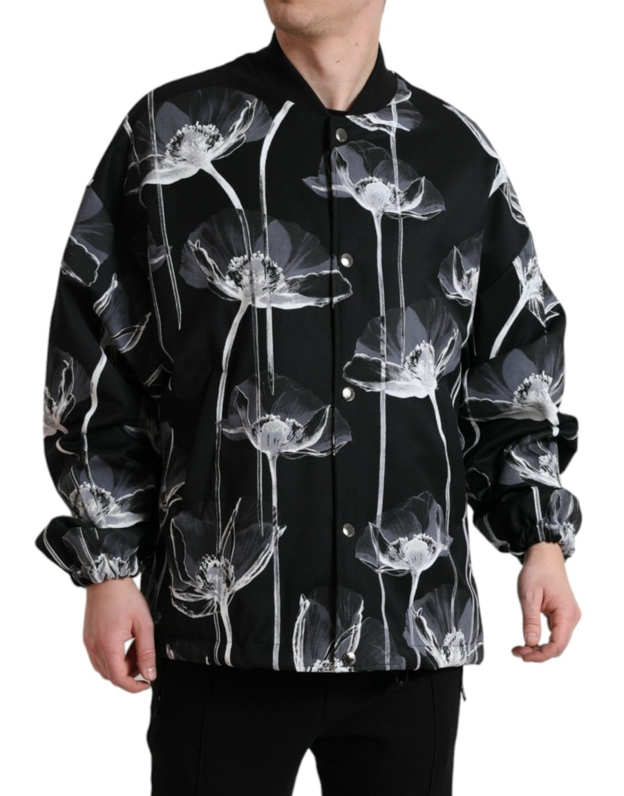 Men Dolce & Gabbana Men'S Jackets | Dolce & Gabbana Black Floral Print Wool Button Down Bomber Jacket