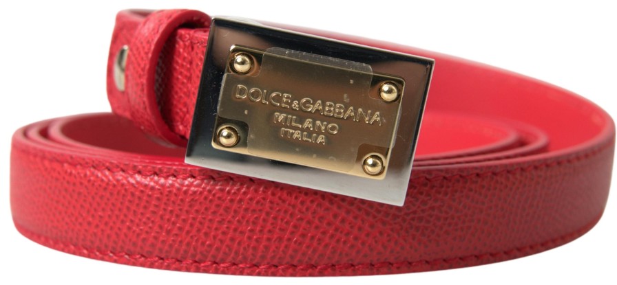 Women Dolce & Gabbana Women'S Belts | Dolce & Gabbana Red Leather Gold Engraved Metal Buckle Belt