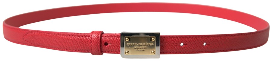 Women Dolce & Gabbana Women'S Belts | Dolce & Gabbana Red Leather Gold Engraved Metal Buckle Belt