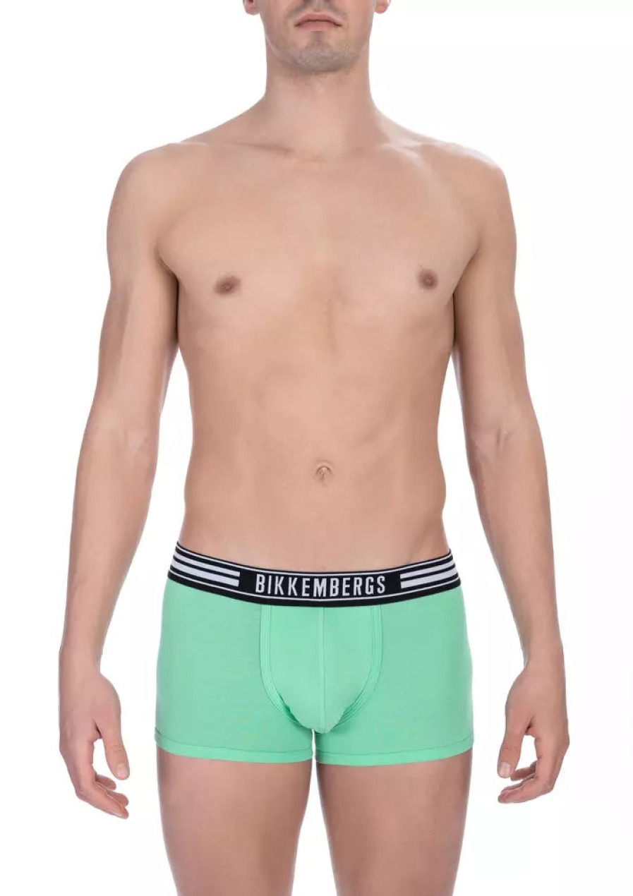 Men Bikkembergs Men'S Underwear | Bikkembergs Premium Green Cotton Stretch Trunks Twin-Pack