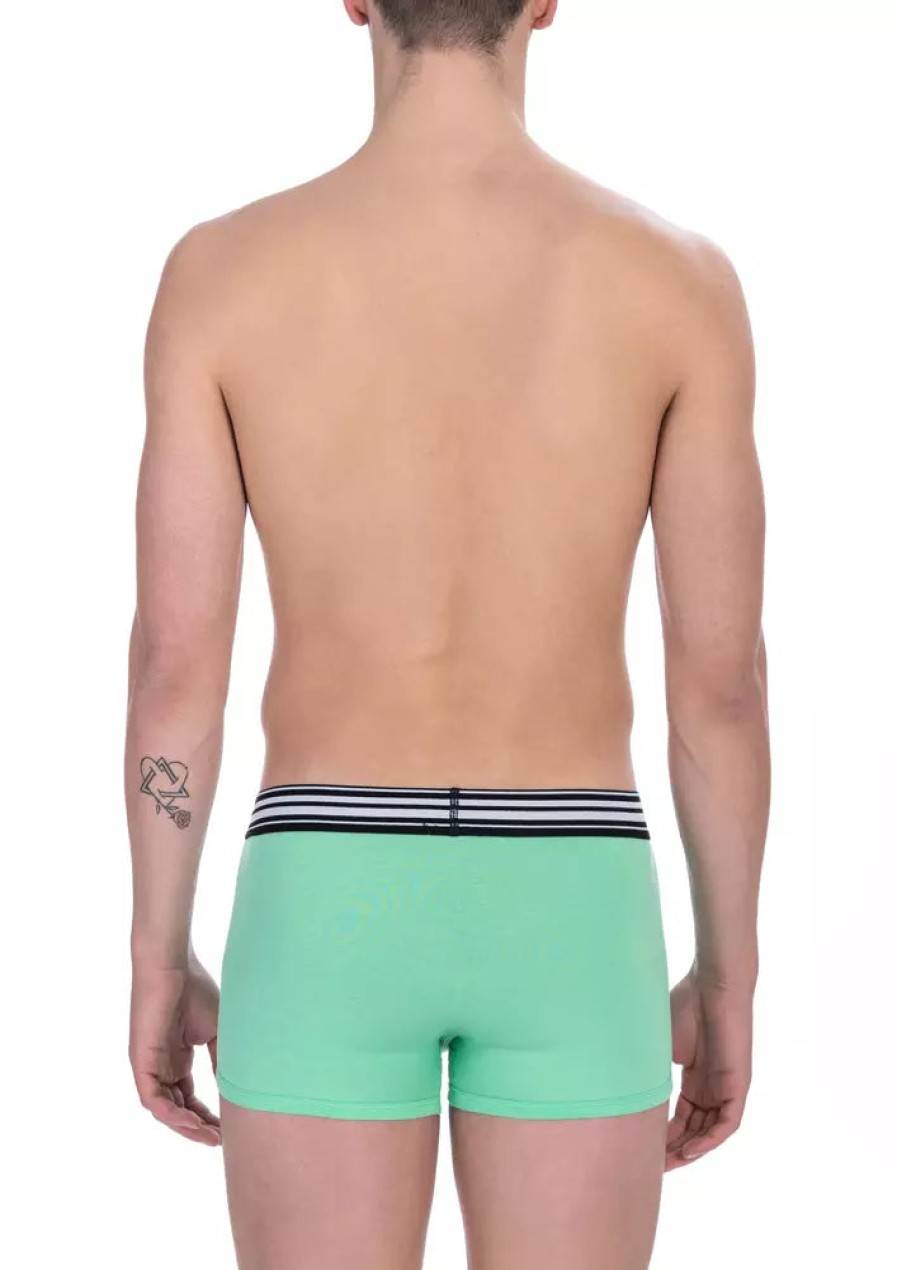 Men Bikkembergs Men'S Underwear | Bikkembergs Premium Green Cotton Stretch Trunks Twin-Pack