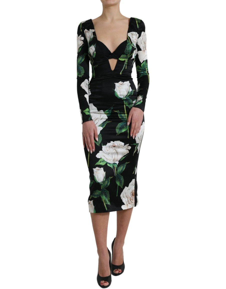 Women Dolce & Gabbana Women'S Dresses | Dolce & Gabbana Black Roses Print Silk Bodycon Midi Dress