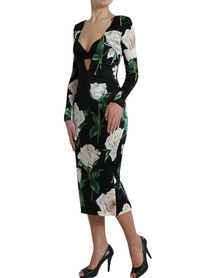 Women Dolce & Gabbana Women'S Dresses | Dolce & Gabbana Black Roses Print Silk Bodycon Midi Dress