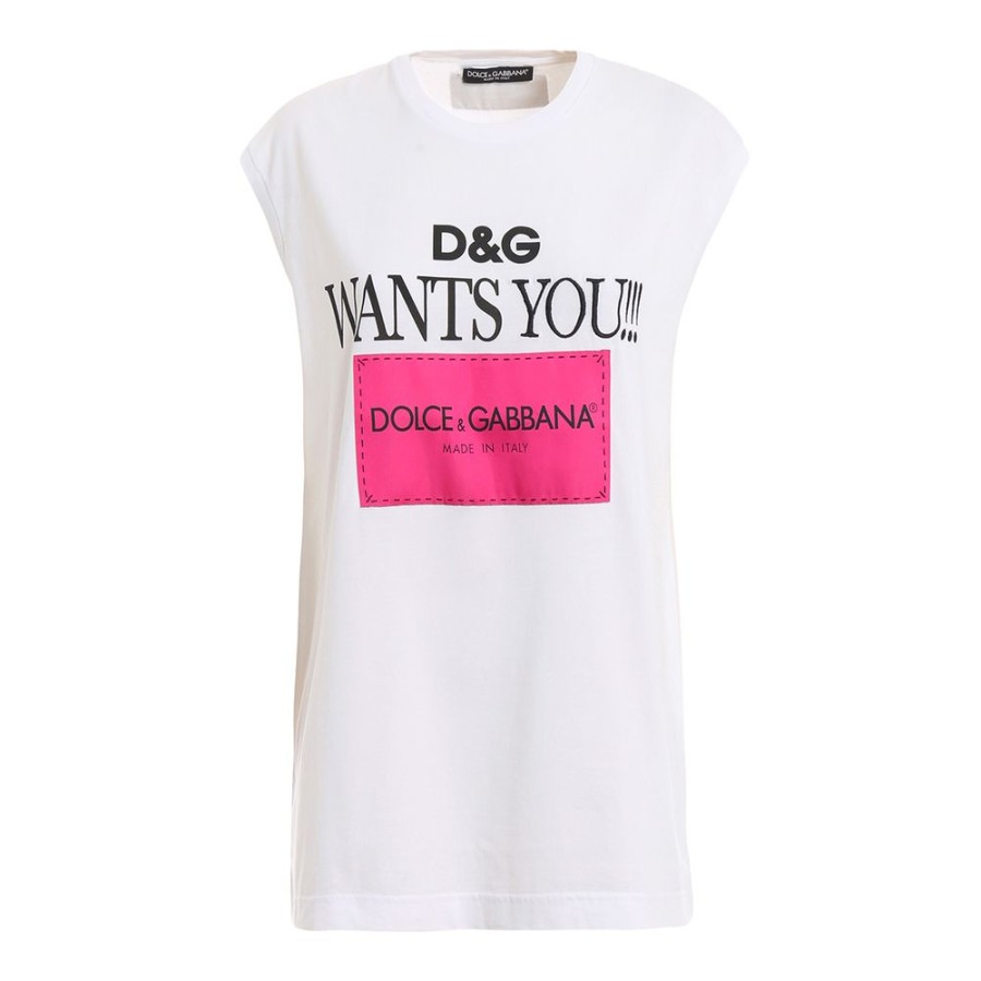 Women Dolce & Gabbana Women'S Tops & T-Shirts | Dolce & Gabbana Elegant Sleeveless Cotton Tee With Embroidery