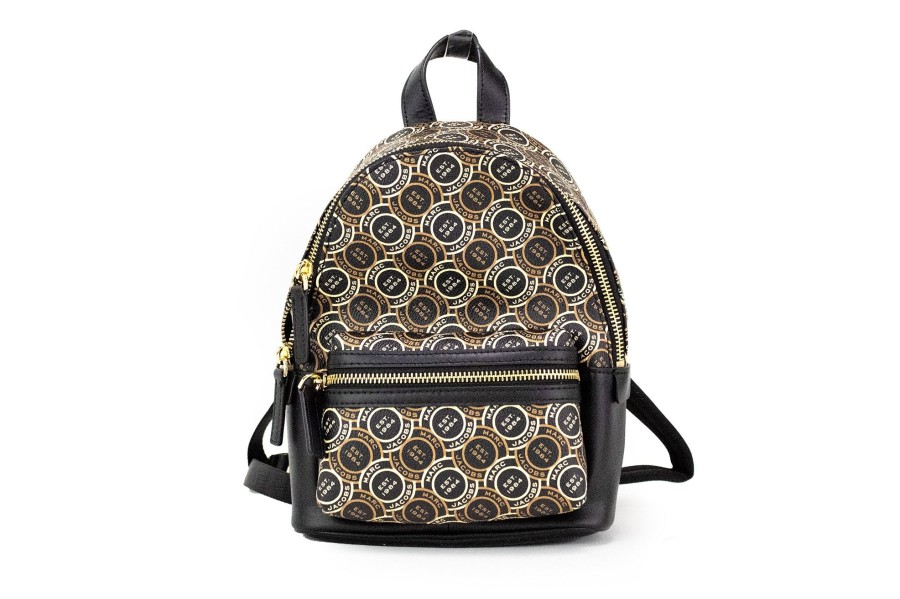 Women Marc Jacobs Women Backpacks | Marc Jacobs Signet Mini Black Logo Printed Leather Shoulder Backpack B