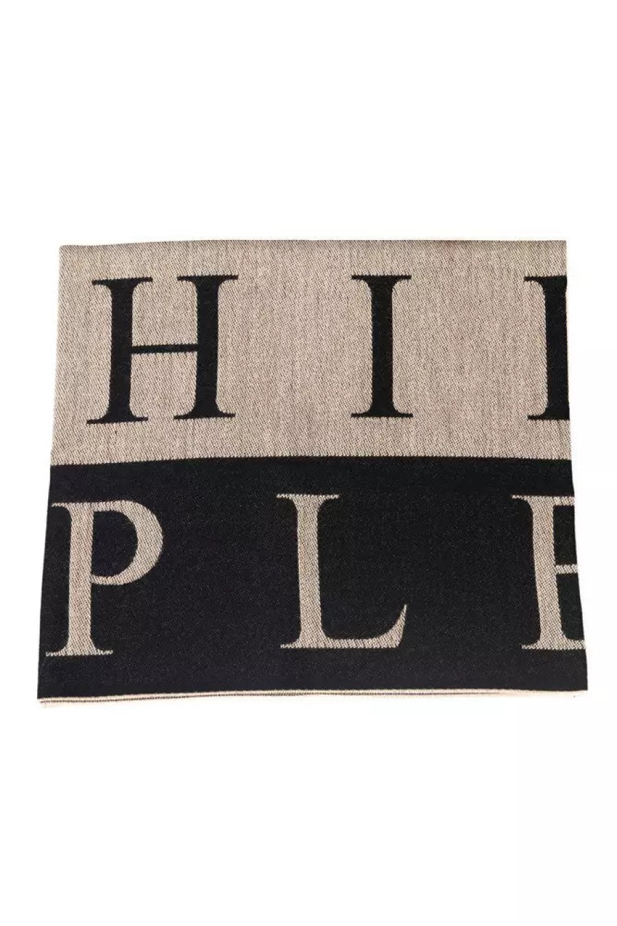 Men Philipp Plein Men'S Scarves | Philipp Plein Beige Wool Blend Logo Scarf With Fringed Hems