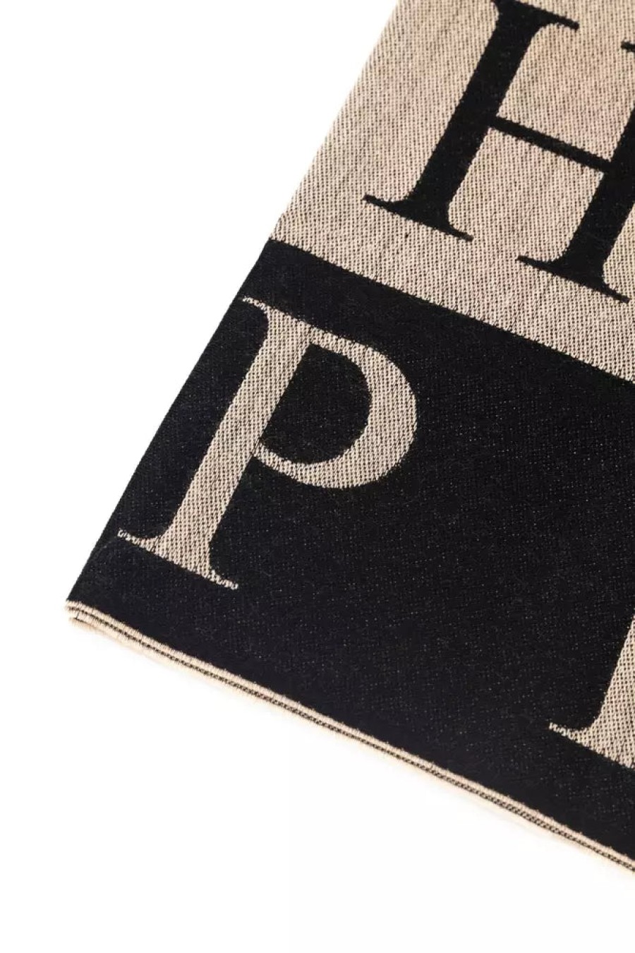 Men Philipp Plein Men'S Scarves | Philipp Plein Beige Wool Blend Logo Scarf With Fringed Hems