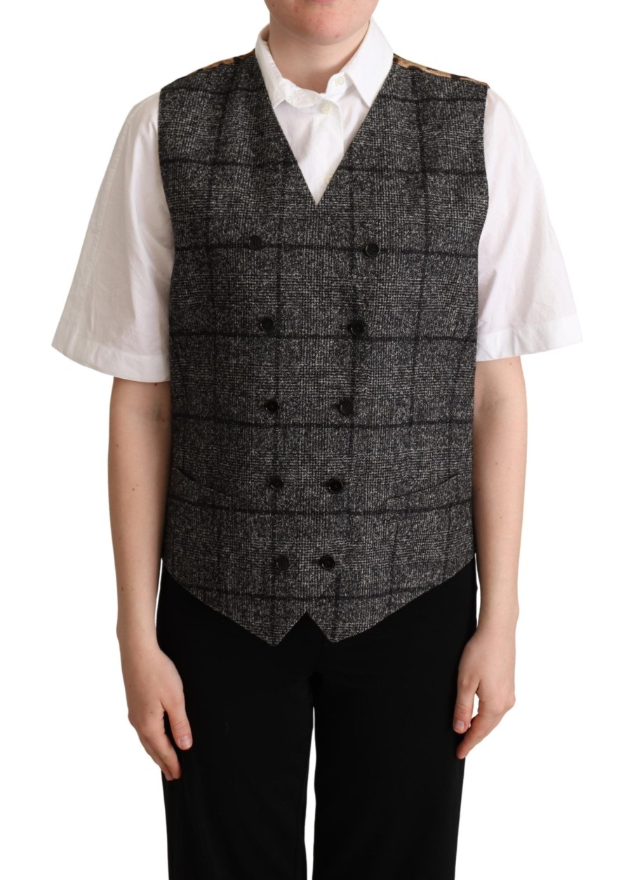 Women Dolce & Gabbana Women'S Vest | Dolce & Gabbana Gray Wool Leopard Print Waistcoat Vest