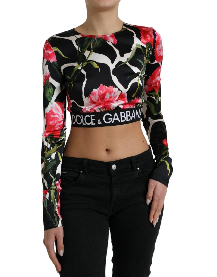 Women Dolce & Gabbana Women'S Tops & T-Shirts | Dolce & Gabbana Multicolor Floral Long Sleeves Cropped Top