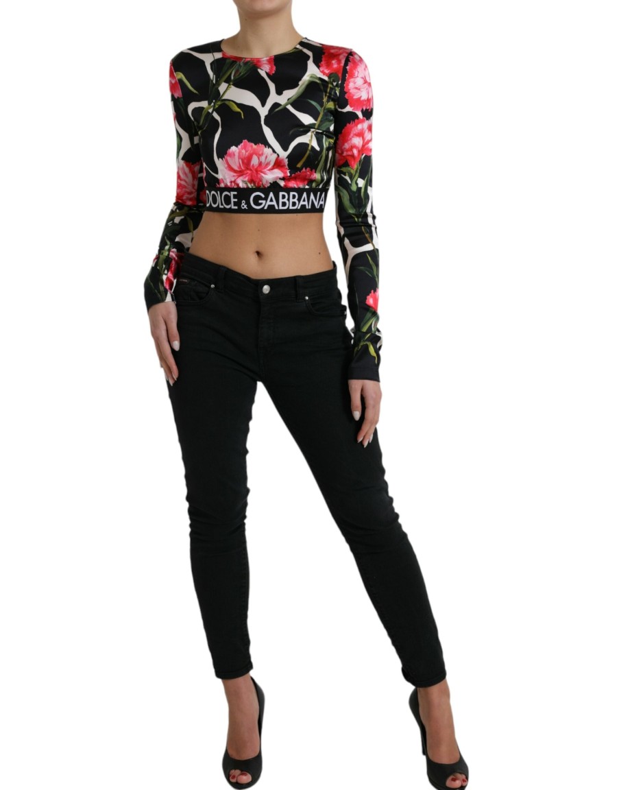 Women Dolce & Gabbana Women'S Tops & T-Shirts | Dolce & Gabbana Multicolor Floral Long Sleeves Cropped Top