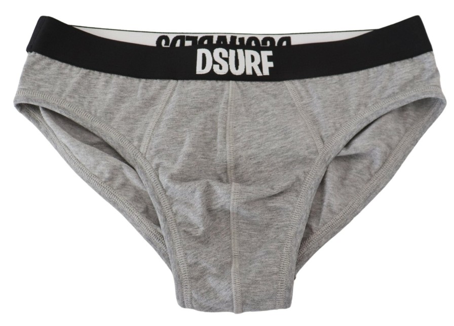 Men Dsquared² Men'S Underwear | Dsquared Gray Dsurf Logo Cotton Stretch Men Brief Underwear