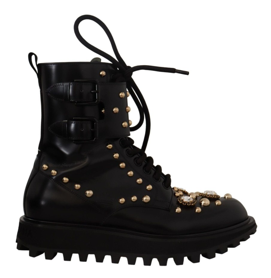 Men Dolce & Gabbana Men'S Boots | Dolce & Gabbana Black Leather Crystal Embellished Boots Shoes